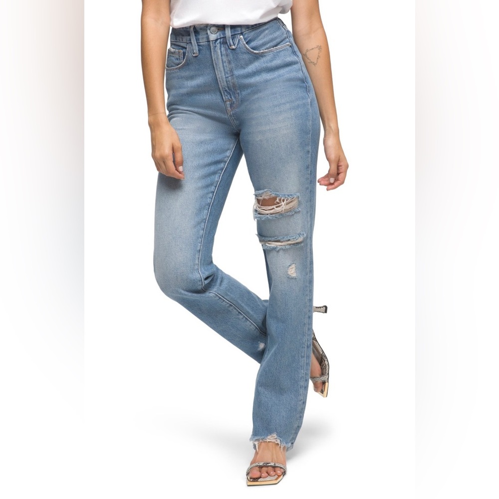 Good American Good Boy Ripped Knee Split Hem Denim Jeans Size 10 / 30